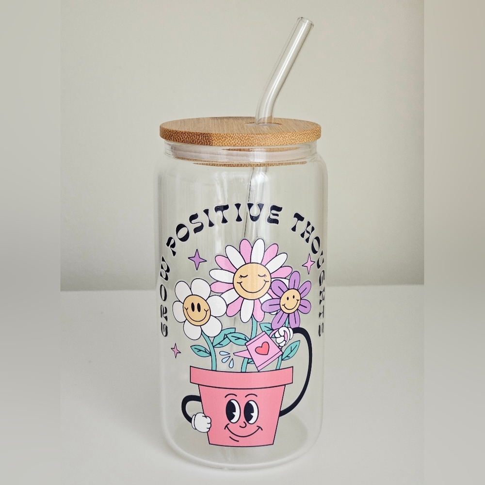 Grow Positive Thoughts 16oz Clear Beer Can Glass Cup